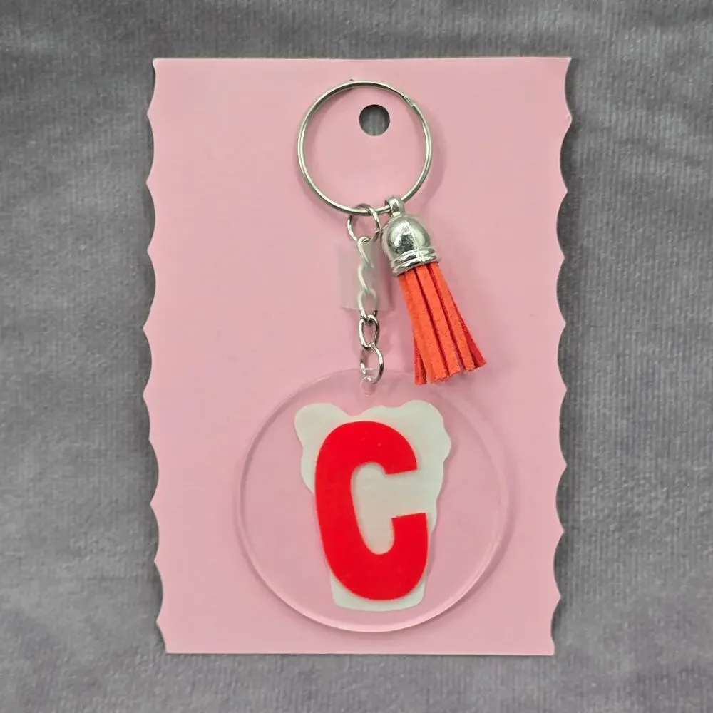 Letter Keychain Clear Silver‎ Circle Handmade Acrylic Tassel Flower C Orange